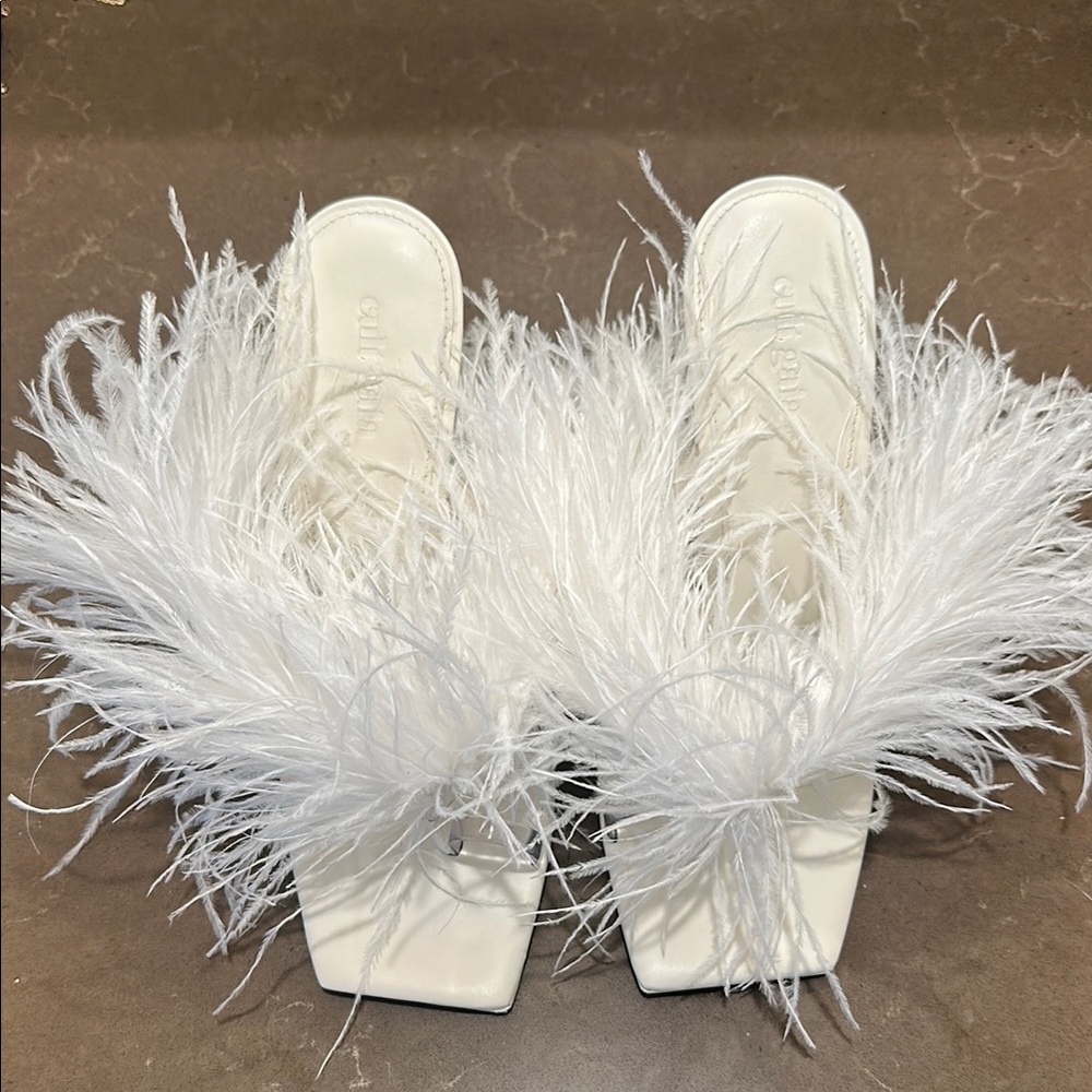 cult gaia White Feathered Square-Toe Mules